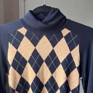 J. Crew Navy and Tan Argyle Turtleneck Sweater
